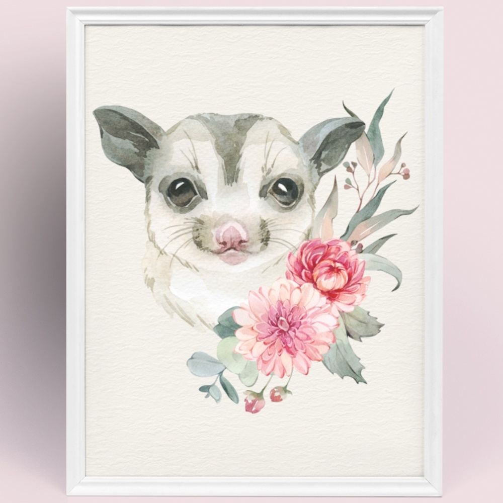 Watercolor Floral Sugar Glider Wall Art Print Poster Unframed - Picture 1 of 9